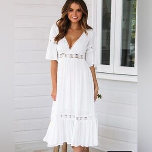 Chic White Lace Detail Midi Dress